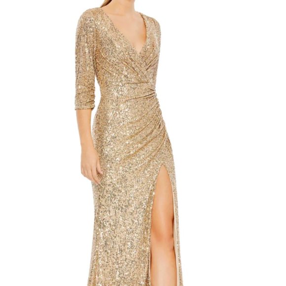 MAC DUGGAL 42015 SEQUINED DRAPED 3/4 SLEEVE LIGHT GOLD GOWN sz 12 - Picture 1 of 6